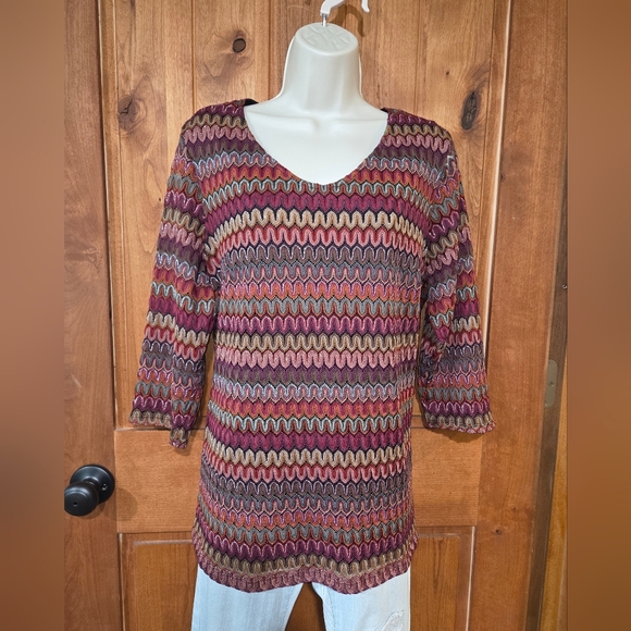 Roz & Ali Tops - Roz & Ali Multicolor Zigzag Blouse With Silver Threading